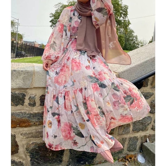 Chiffon Wide Cut Floral Dress Balloon Slee… - Picture 7 of 14